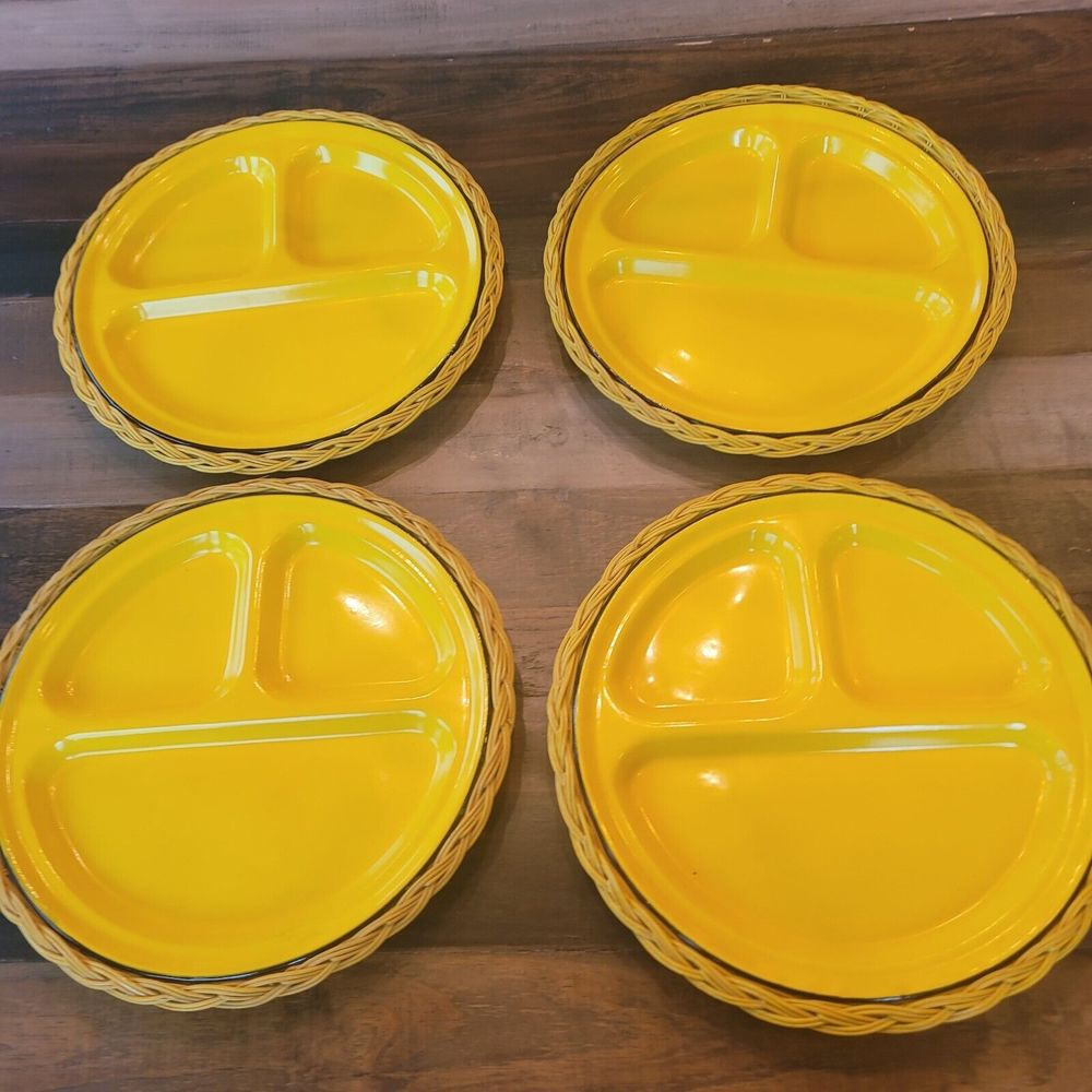 Set of 4 Yellow Enamel Divided Grill Camp Picnic 11 3/4" Plates with baskets ea.